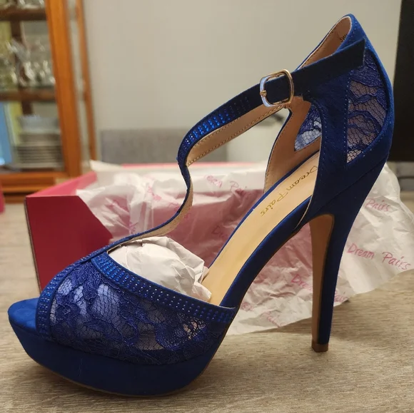 Blue Peep Toe Heels with Sparkle - Picture 6 of 11
